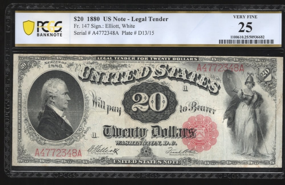 1880 $20 Legal Tender Note PCGS 25: One 1880 $20 Legal Tender Note PCGS 25.