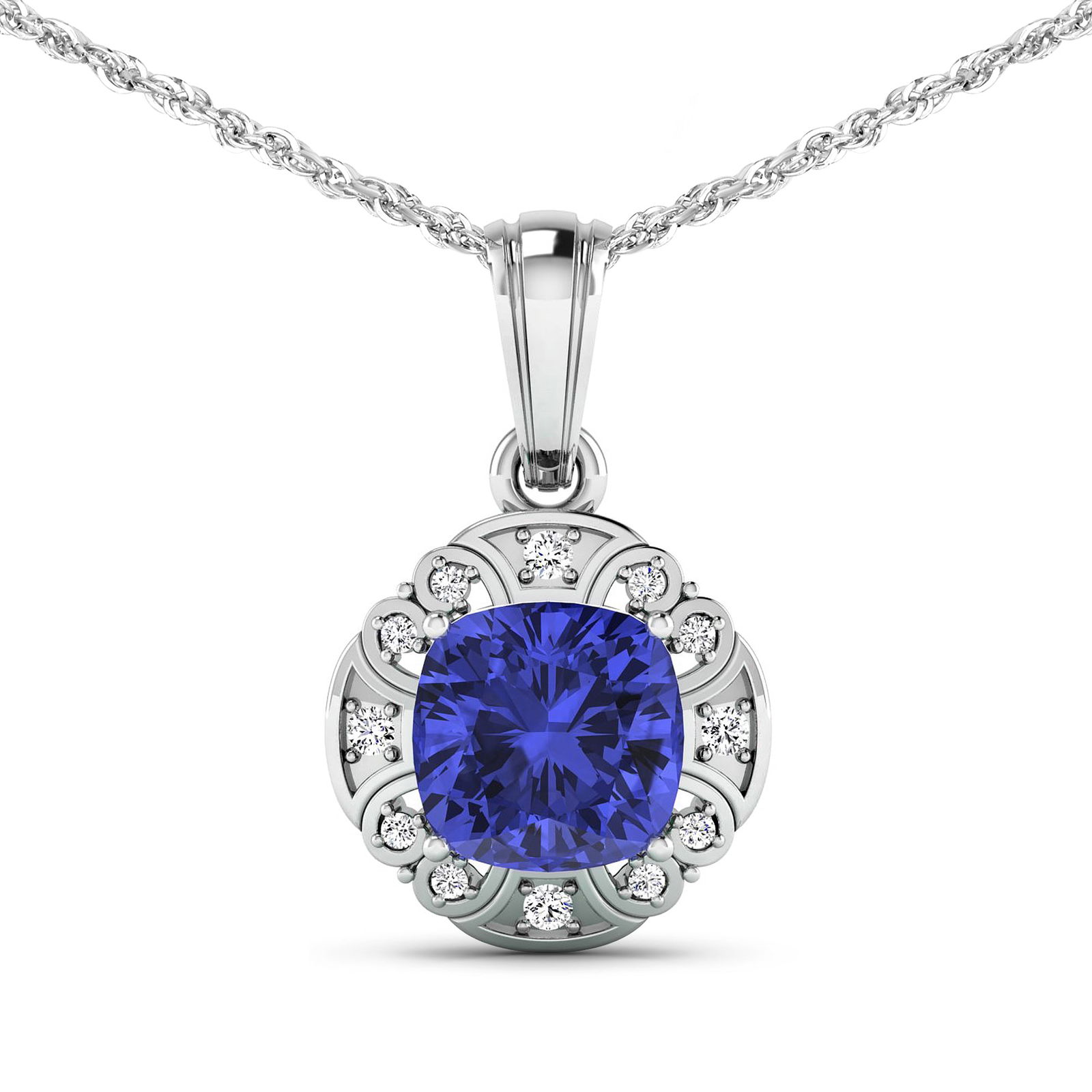 14KT White Gold 1.99ctw Tanzanite and Diamond Pendant: Tanzanite (AA+) Cushion 8.00mm - 1Pc + White Diamond F/C Round 1.50mm - 4Pcs + White Diamond F/C Round 1.00mm - 8Pcs ( SI-2/HI ) Total weight of gemstone is 1.99cts. Total Diamond weight is 0.09cts.