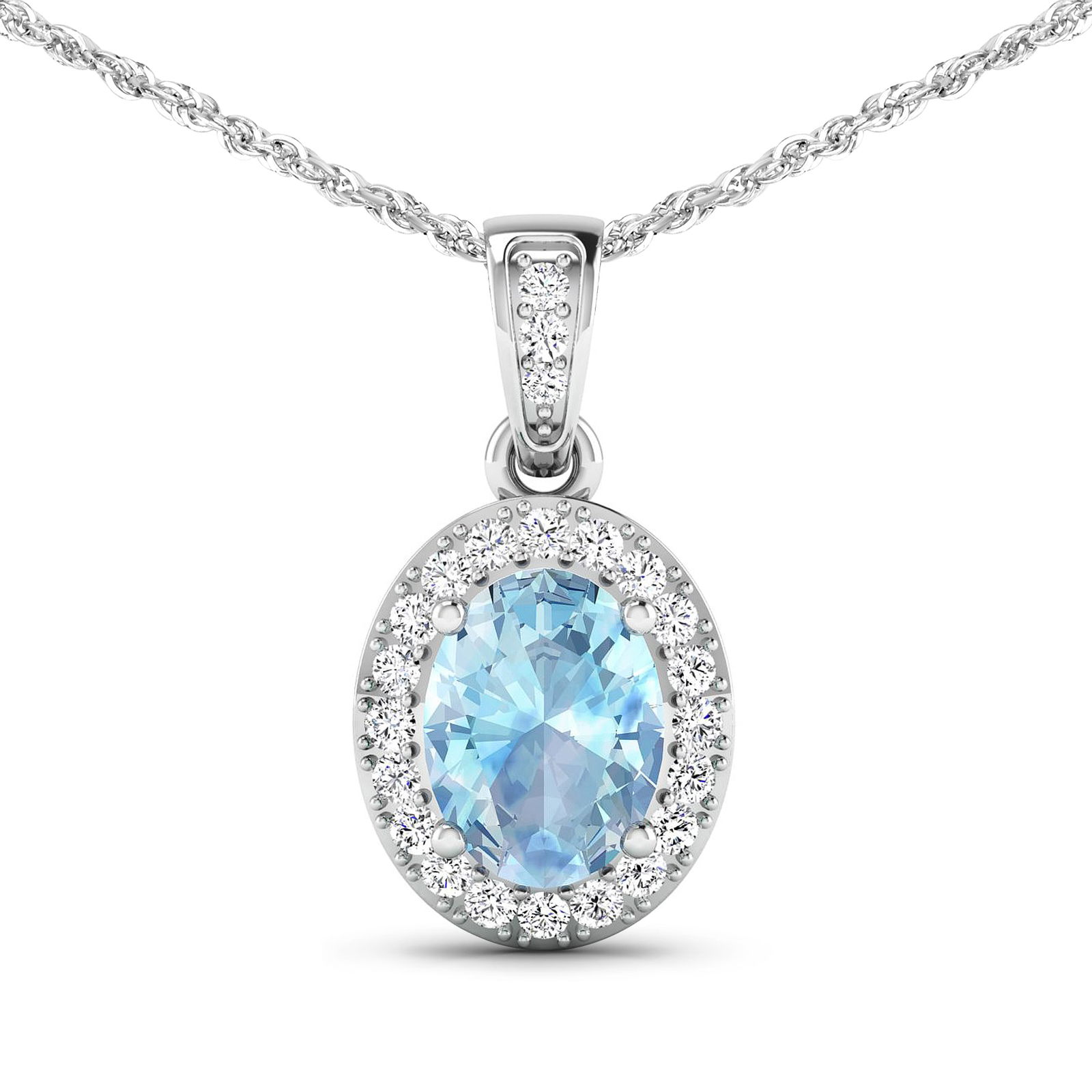 14KT White Gold 0.96ct Aquamarine and Diamond Pendant with Chain: 1 Aquamarine stone with a total weight of 0.96cts. Aquamarine (AA+) Oval 8x6mm - 1Pc + White Diamond F/C Round 1.20mm - 22Pcs + White Diamond F/C Round 1.10mm - 1Pc ( I1-I2/I color ). Diamonds with a