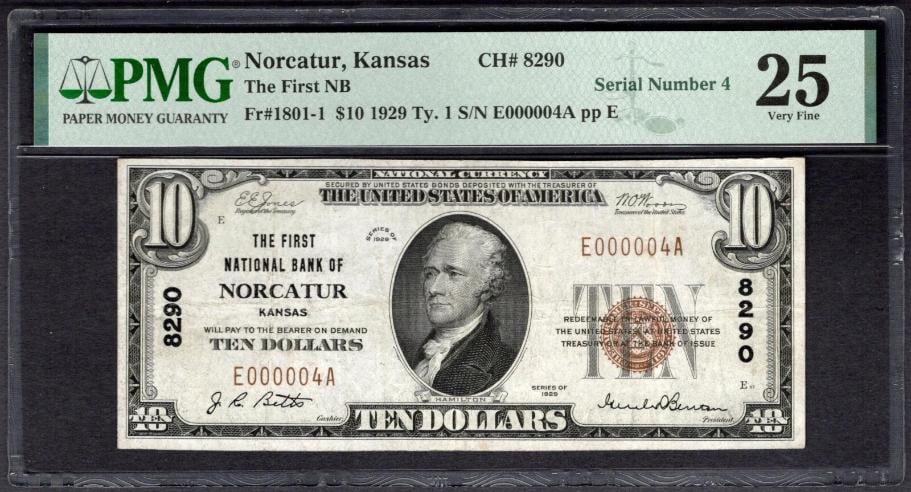 1929 $10 Serial 4 Norcatur KS National PMG 25: One 1929 $10 Serial 4 Norcatur KS National PMG 25.