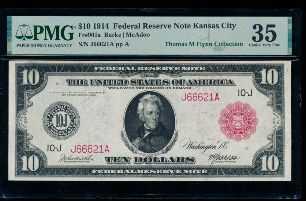 1914 $10 Red Seal Kansas City FRN PMG 35: One 1914 $10 Red Seal Kansas City FRN PMG 35.