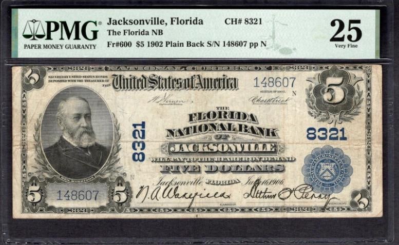 1902 $5 Jacksonville FL National PMG 25: One 1902 $5 Jacksonville FL National PMG 25.