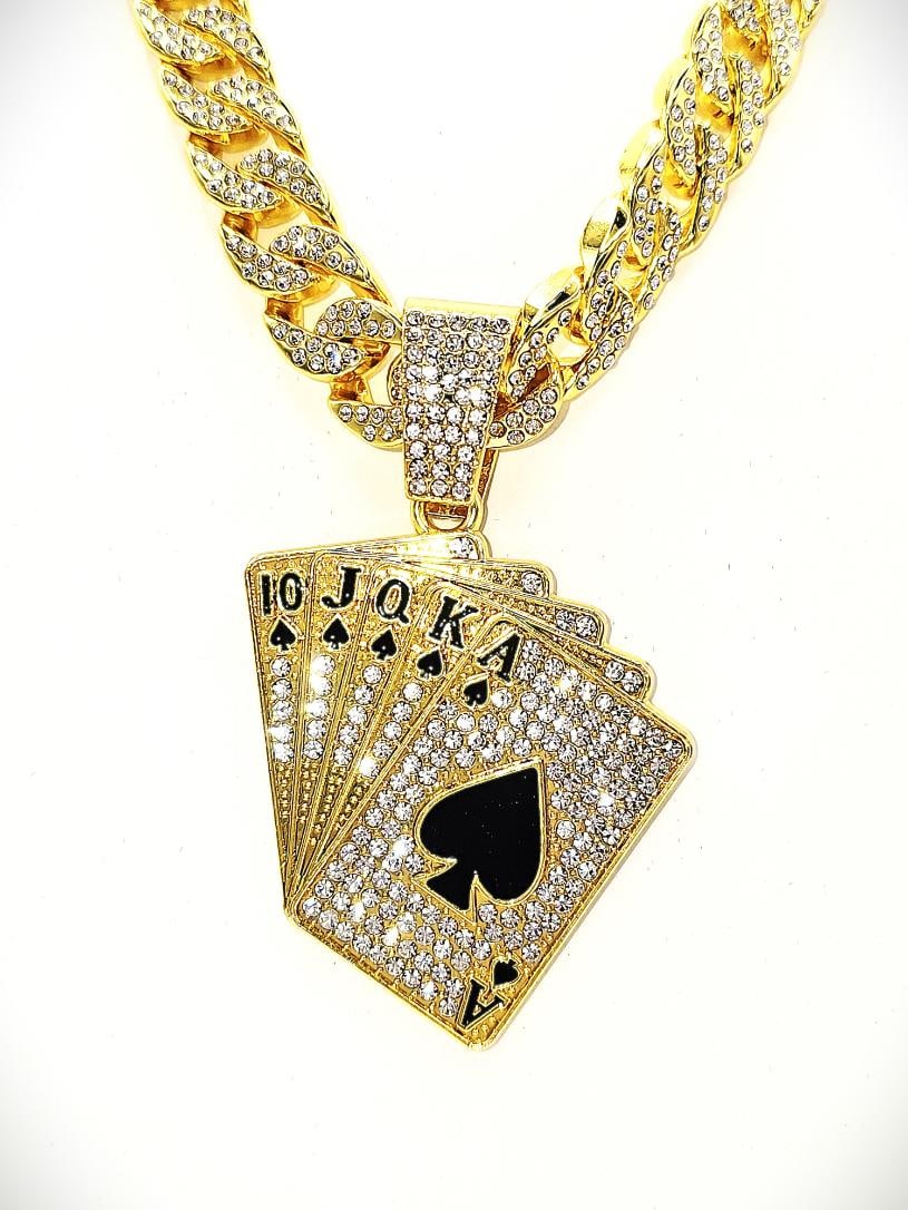 Huge 151.4 Gram 18 Kt Gold Plate Royal Flush Pendant Necklace: This Huge 151.4 Gram Royal Straight Flush Cuban Link Chain Necklace Is A Stealth 14 mm wide and 20" long.151.4 Gram Wt. It looks like Solid Gold without the Solid Gold Price. This Necklace Is Strong!