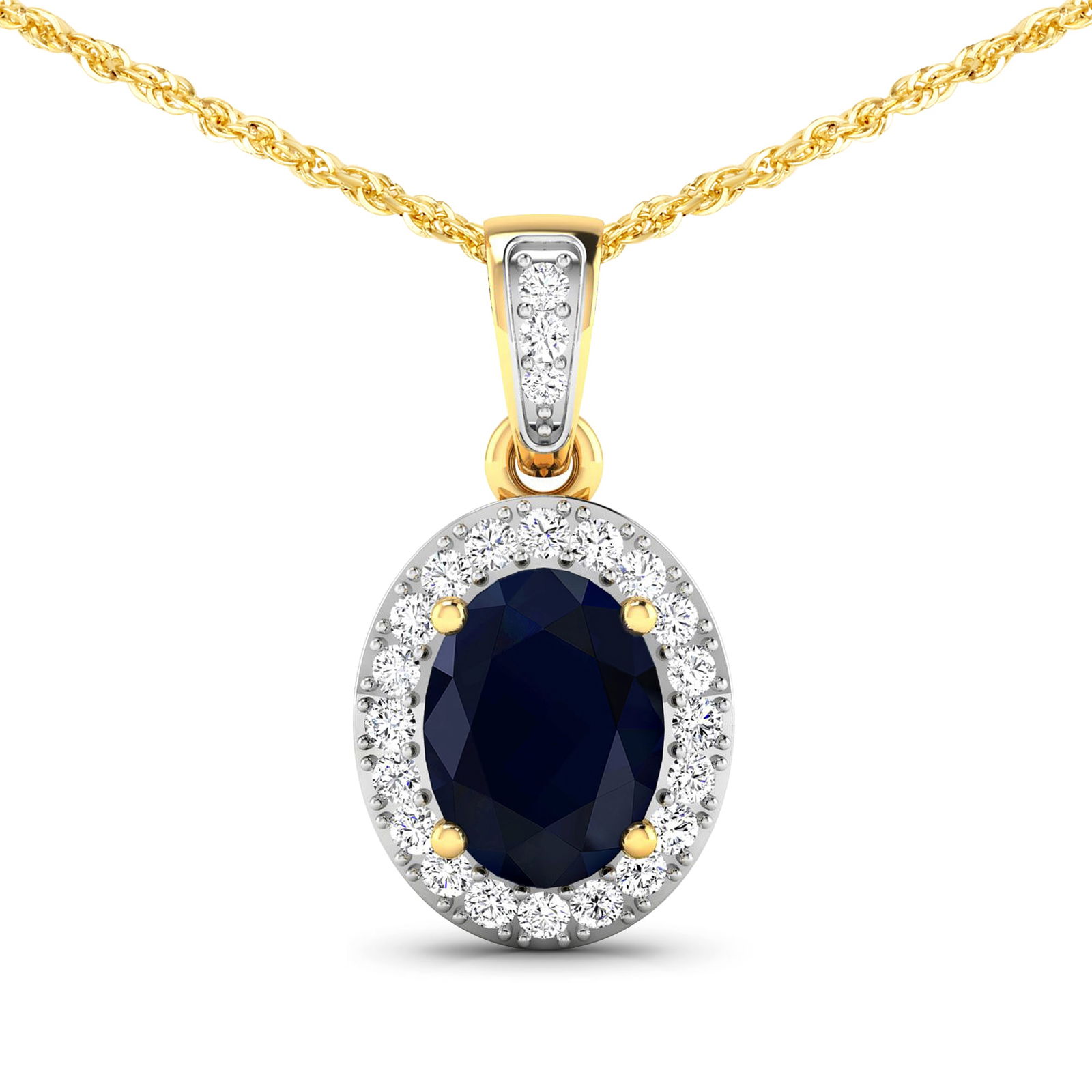 14KT Yellow Gold 1.30ct Blue Sapphire and Diamond Pendant with Chain: 1 Blue Sapphire stone with a total weight of 1.30cts. Blue Sapphire (AA) Oval 8x6mm - 1Pc + White Diamond F/C Round 1.20mm - 22Pcs + White Diamond F/C Round 1.10mm - 1Pc ( I1-I2/I color ). Diamonds wi