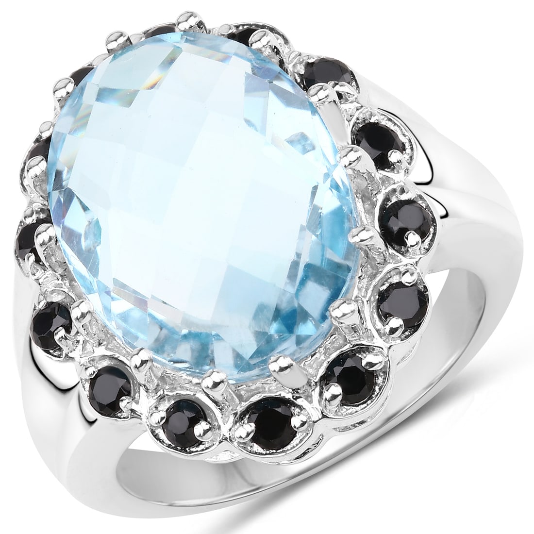 Plated Rhodium 11.93ct Blue Topaaz and Black Spinel Ring: 12.49 Carat Genuine Blue Topaz & Black Spinel .925 Sterling Silver Ring. Blue Topaz Oval/16x12mm - 1/11.93 ctw Natural Irradiated E + Black Spinel Round/2.00mm - 14/0.56 ctw Natural Not Treated N.