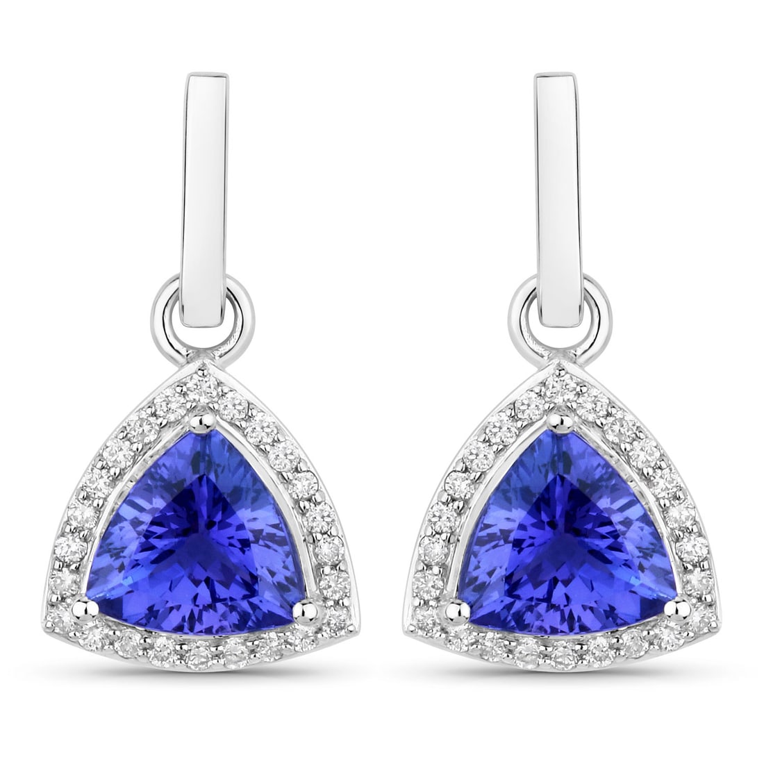 14KT White Gold 3.86ctw Tanzanite and White Diamond Earrings: Tanzanite Trillion/8.00mm - 2/3.48 ctw Prong Setting Natural Heat Treated E + White Diamond Round/1.20mm - 48/0.38 ctw Natural Not Treated N H-I SI-2 Total weight of 4.06 grams.