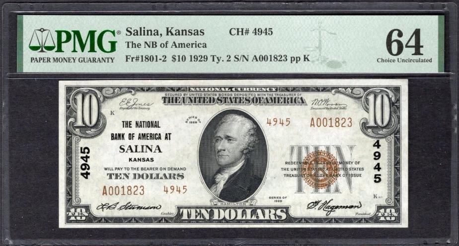 1929 $10 Salina KS National PMG 64: One 1929 $10 Salina KS National PMG 64.