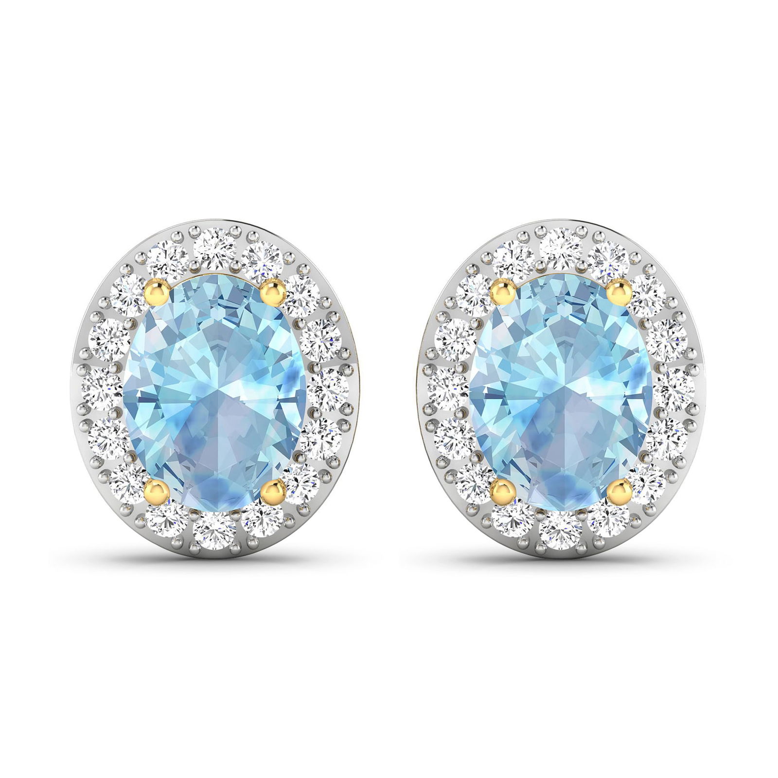 14KT Yellow Gold 1.92ctw Aquamarine and Diamond Earrings: Aquamarine Oval 8x6mm - 2Pcs + White Diamond F/C Round 1.50mm - 32Pcs ( Diamond Quality : SI-2/HI ) ( Push Post ) Total weight of gemstones is 1.92cts. Total Diamond weight is 0.44cts. Total weight