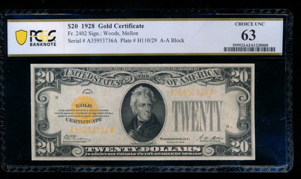 1928 $20 Gold Certificate PCGS 63 (1 of 2)