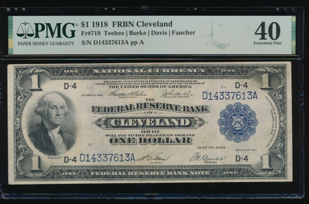 1918 $1 Cleveland FRBN PMG 40: One 1918 $1 Cleveland FRBN PMG 40.