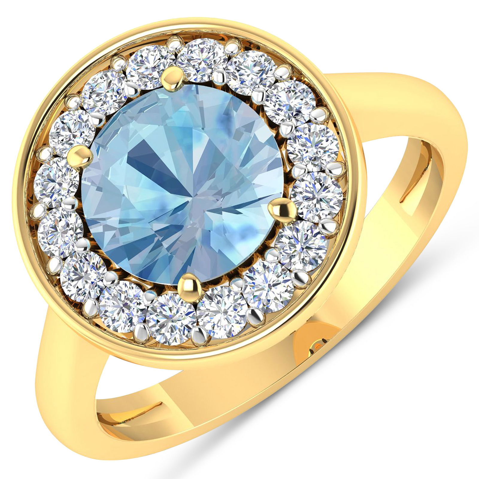 14KT Yellow Gold 1.9ct Aquamarine and Diamond Ring: Aquamarine (AA+) Round 8.00mm - 1Pc + White Diamond F/C Round 2.00mm - 16Pcs ( White Pan Rhodium ) ( Diamond Quality : SI-2/HI ). Total weight of gemstone is 1.9cts. Total weight of Diamonds is