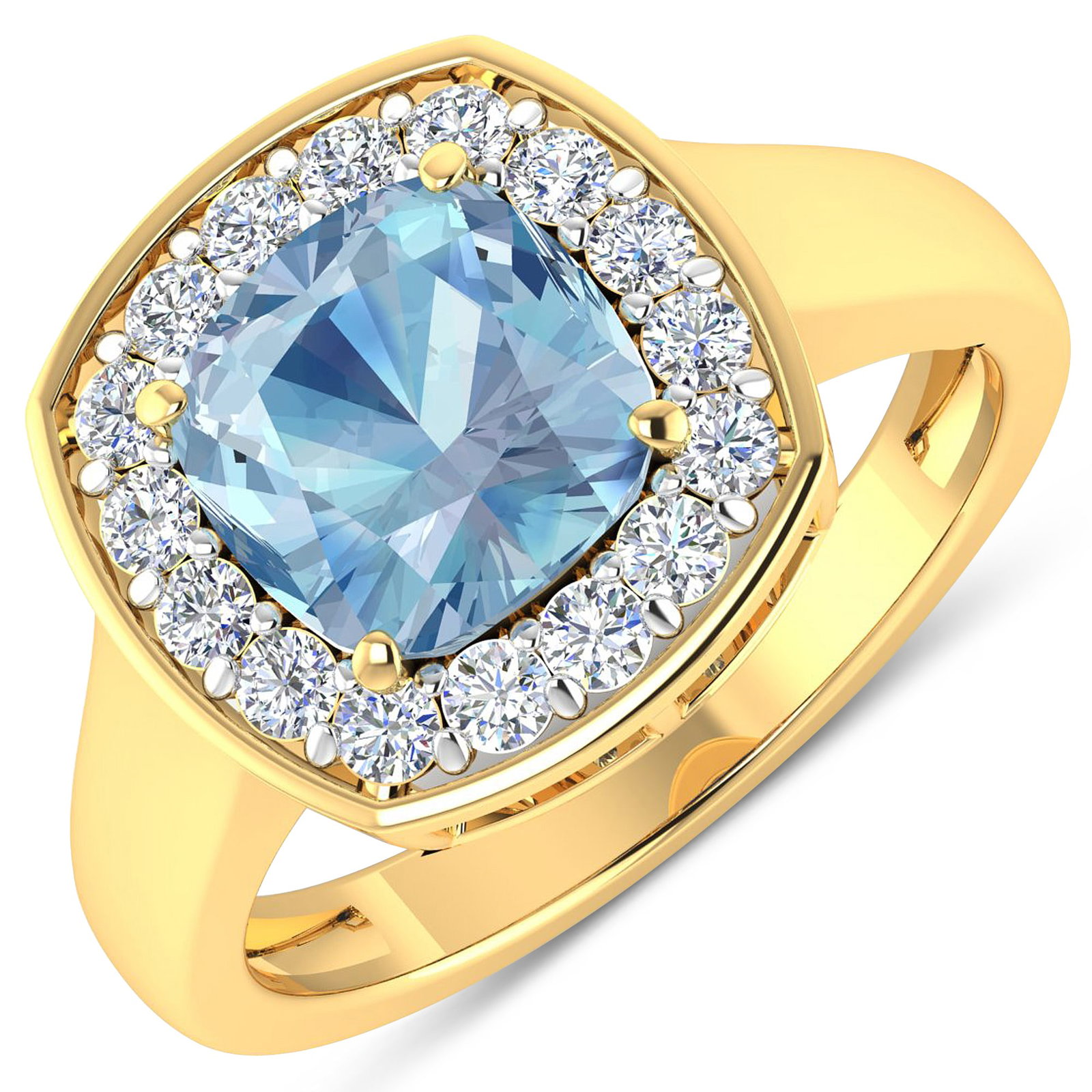 14KT Yellow Gold 1.48ct Aquamarine and Diamond Ring: Aquamarine (AA+) Cushion 8.00mm - 1Pc + White Diamond F/C Round 2.00mm - 16Pcs ( White Pan Rhodium ) ( Diamond Quality : SI-2/HI ). Total weight of gemstone is 1.48cts. Total weight of Diamonds is