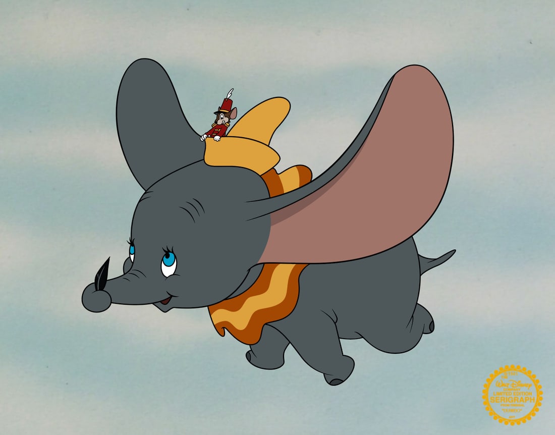 Disney DUMBO Sericel Limited Edition Animation Art Cel: This is a Limited Edition Serigraph Cel of DUMBO from 1941 Walt Disney Studios – DUMBO. Disneys own artists have selected this scene from the ORIGINAL animation drawings used to produce this