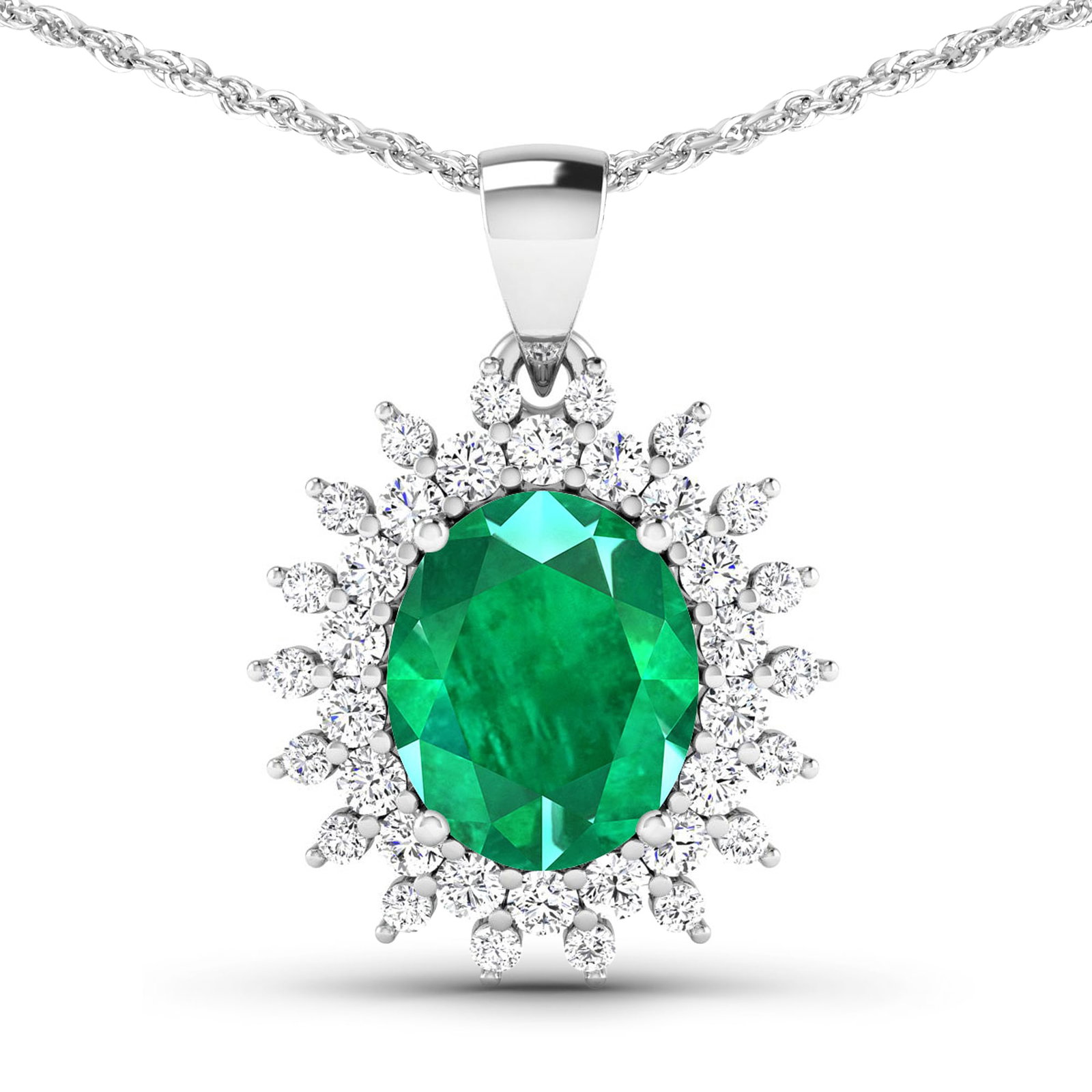 14KT White Gold 3.14ctw Zambian Emerald and Diamond Pendant: Zambian Emerald (AA) Oval 11x9mm - 1Pc + White Diamond F/C Round 2.00mm - 18Pcs + White Diamond F/C Round 1.50mm - 18Pcs ( Diamond Quality : SI-2/HI ) Total weight of gemstone is 3.14cts. Total