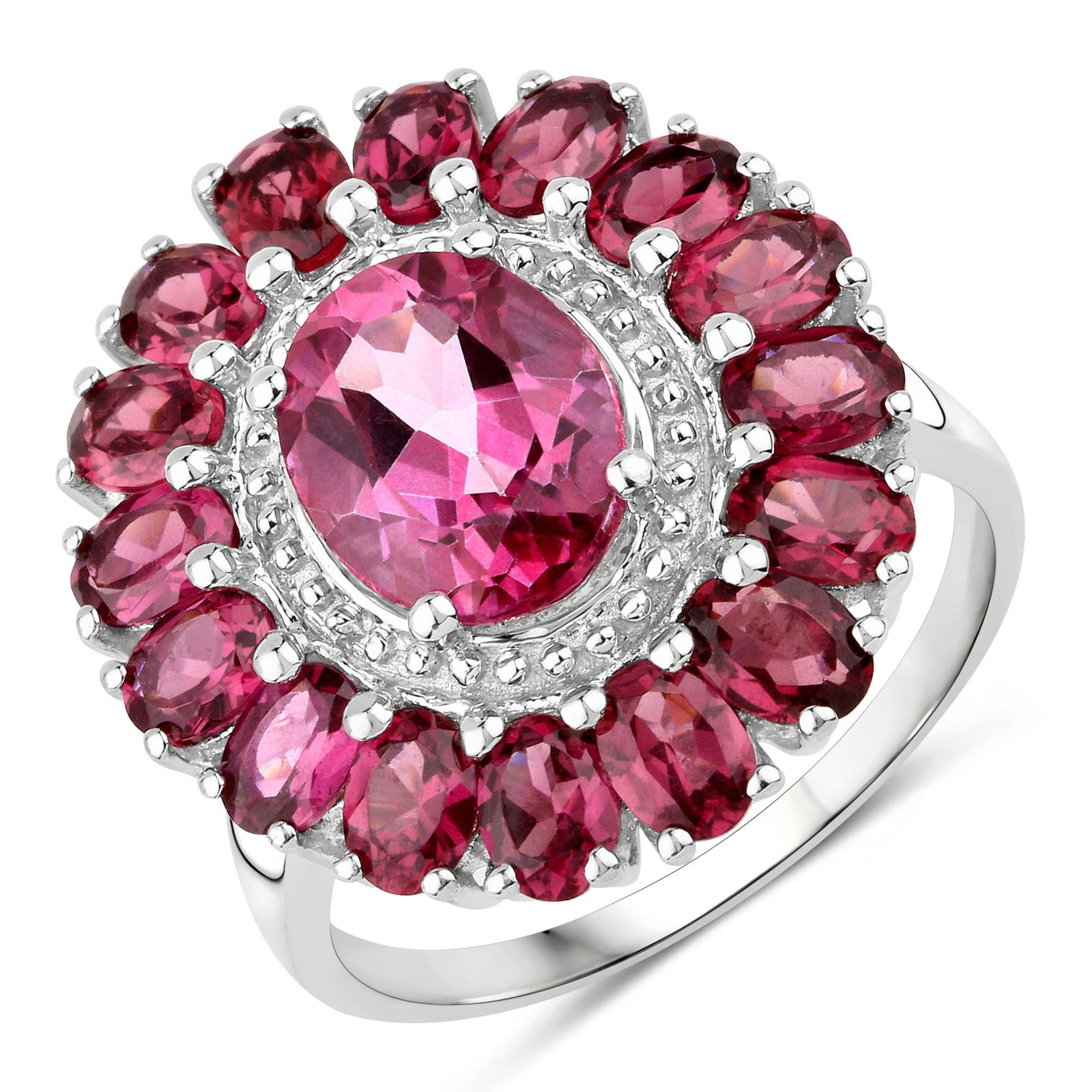 Rhodium Plated 5.46ctw Pink and Rhodolite Garnet Ring: 9×7?mm oval pink topaz (2.10?ctw) centers this rhodium?plated .925 sterling silver floral ring, surrounded by sixteen 4×3?mm oval rhodolite garnets (3.36?ctw) for a total of 5.46?ctw across 17 stone