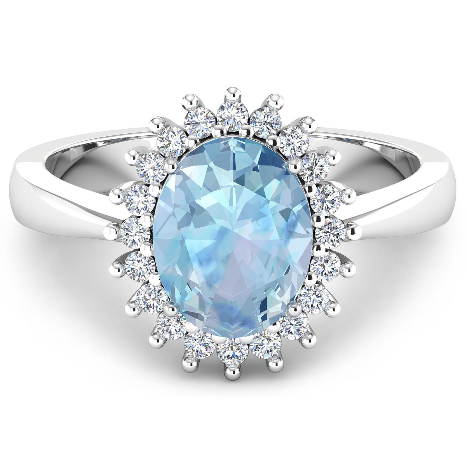 14KT White Gold 0.96ct Aquamarine and Diamond Ring: 1 Aquamarine stone with a total weight of 0.96cts. Aquamarine (AA+) Oval 8x6mm - 1Pc + White Diamond F/C Round 1.40mm - 17Pcs (I1-I2/I color). 0.19cts of Diamonds. Total weight of this ring is 3.23
