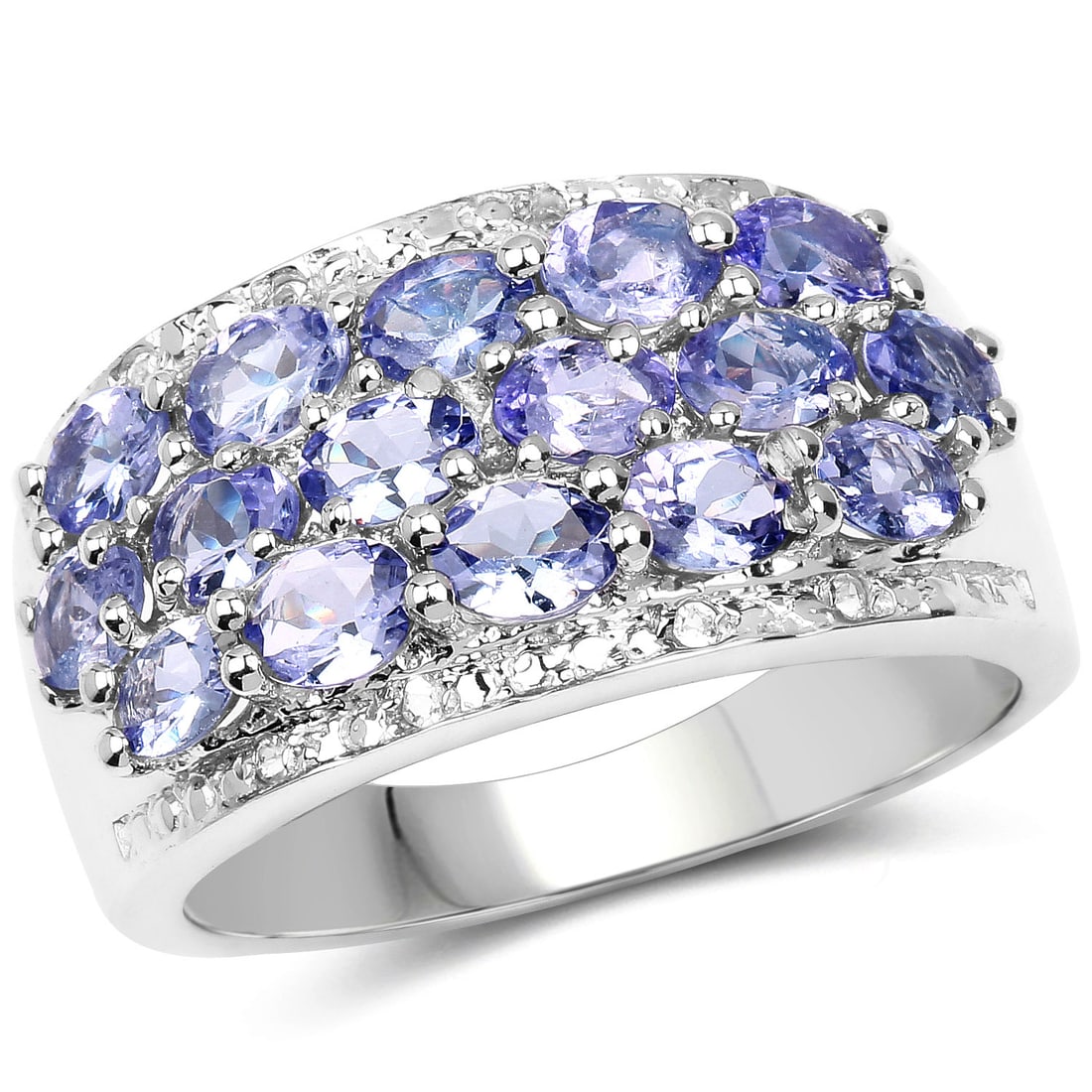 Sterling Silver 2.76ctw Tanzanite and Diamond Ring: A cluster of sixteen natural oval tanzanites (4×3mm, 2.72ctw) forms a vivid violet center in this rhodium?plated .925 sterling silver ring, accented by eight round natural white diamonds (1.00?mm, 0.