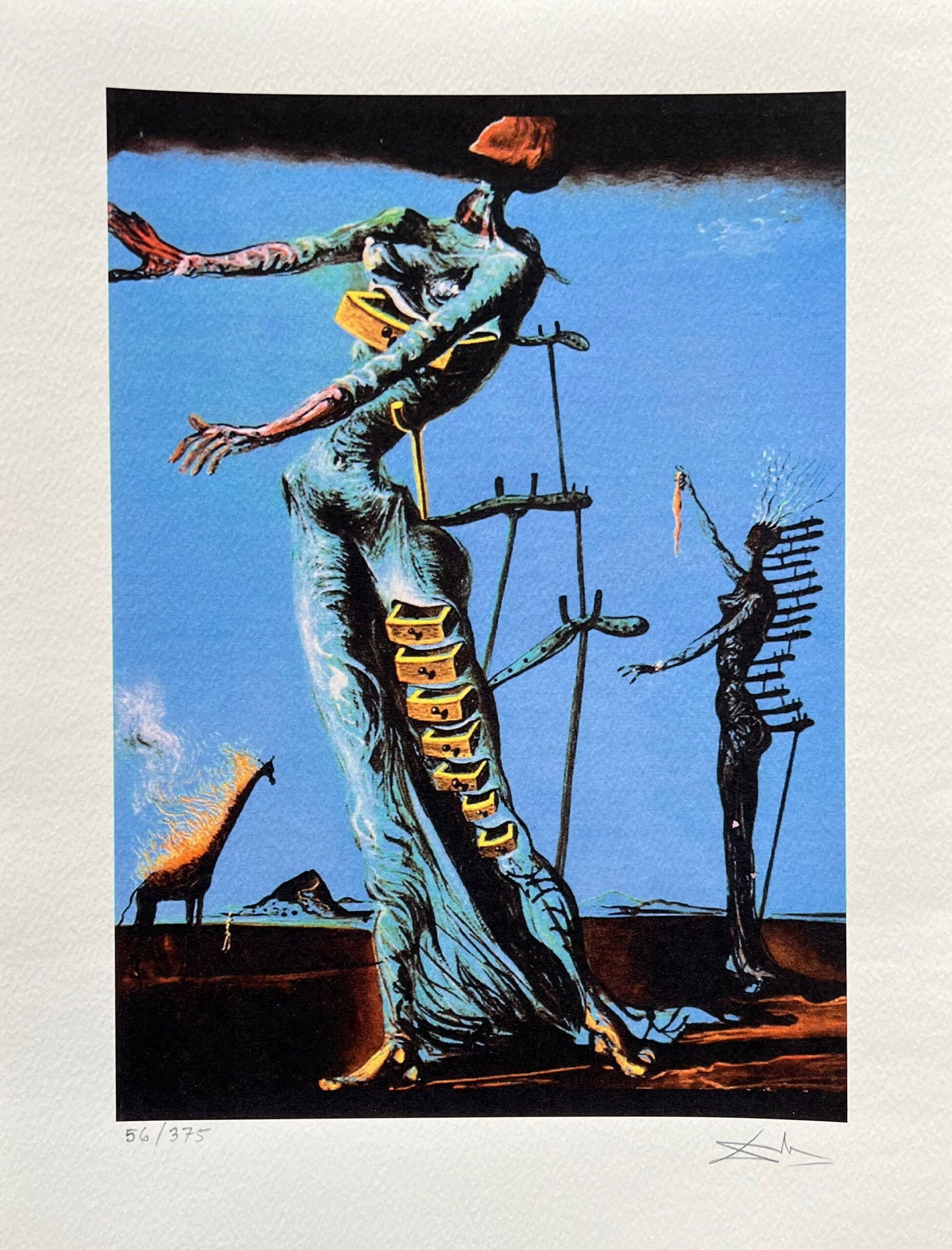 Salvador Dali BURNING GIRAFFE Facsimile Signed Limited Edition Giclee: This is a limited edition giclee titled BURNING GIRAFFE by Salvador Dali. This piece is facsimile signed on the lower right. Pencil numbered from an edition of 375. Paper measures 16 inches x 12