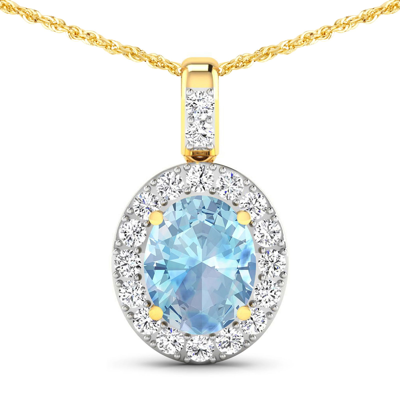 14KT Yellow Gold 1.9ctw Aquamarine and Diamond Pendant: Aquamarine Oval 10x8mm - 1Pc + White Diamond F/C Round 2.00mm - 18Pcs ( Diamond Quality : SI-2/HI ) Total weight of gemstone is 1.9cts. Total Diamond weight is 0.54cts. Total weight of this pendant