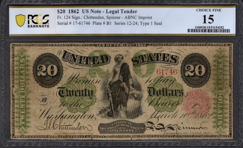1862 $20 Legal Tender Note PCGS 15: One 1862 $20 Legal Tender Note PCGS 15.
