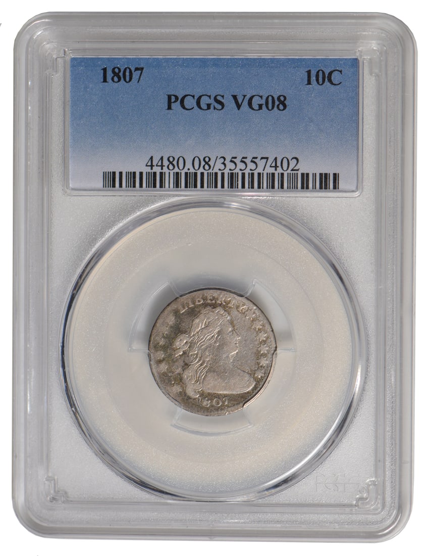 1807 Draped Bust Dime PCGS VG08: One 1807 Draped Bust Dime PCGS VG08.