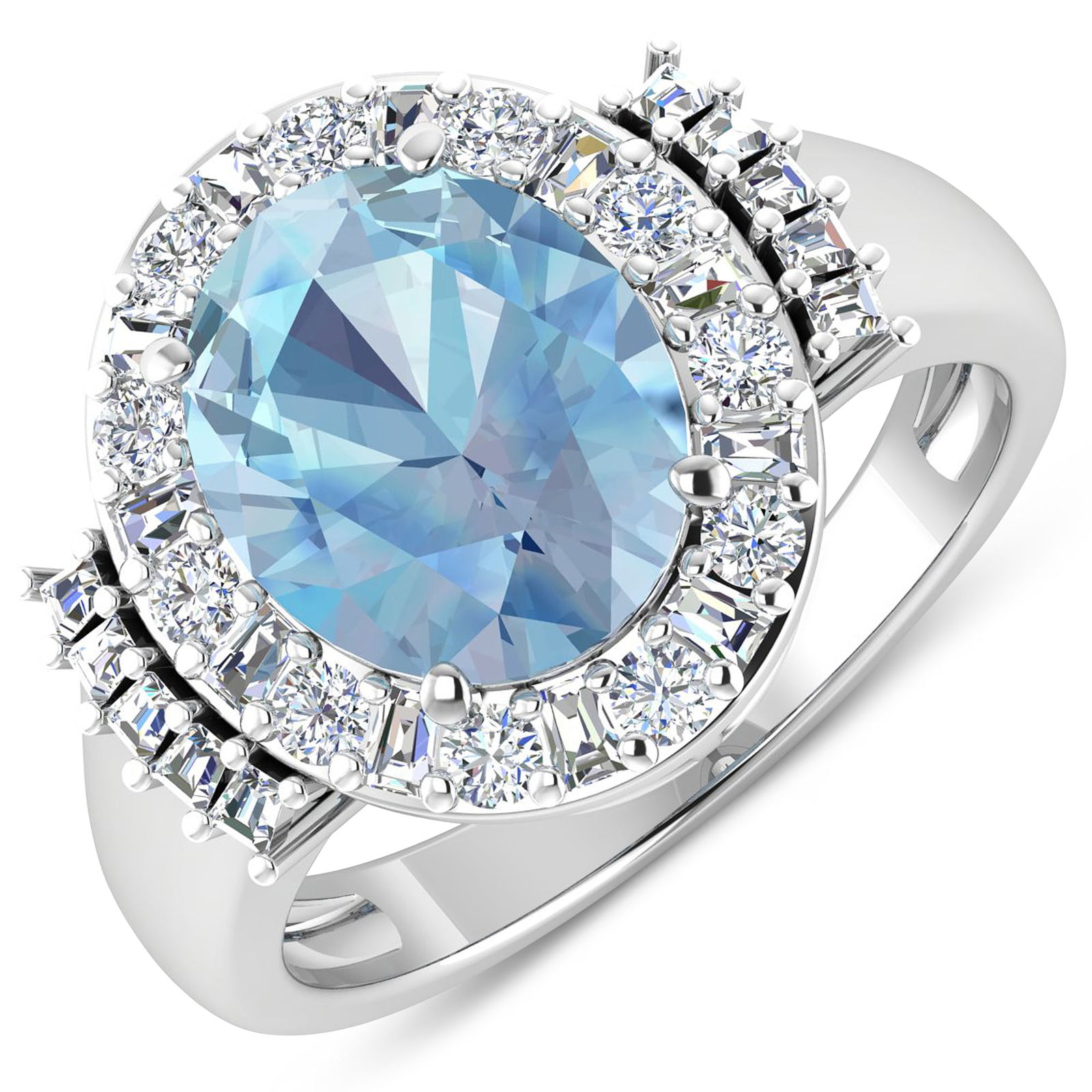14KT White Gold 2.9ct Aquamarine and Diamond Ring: Aquamarine (AA+) Oval 11x9mm - 1Pc + White Diamond Tapper Baguette 2.00x1.50x1.10mm - 11Pcs + White Diamond Tapper Baguette 1.50x1.40x1.00mm - 10Pcs + White Diamond F/C Round 2.00mm - 11Pcs ( Diamond
