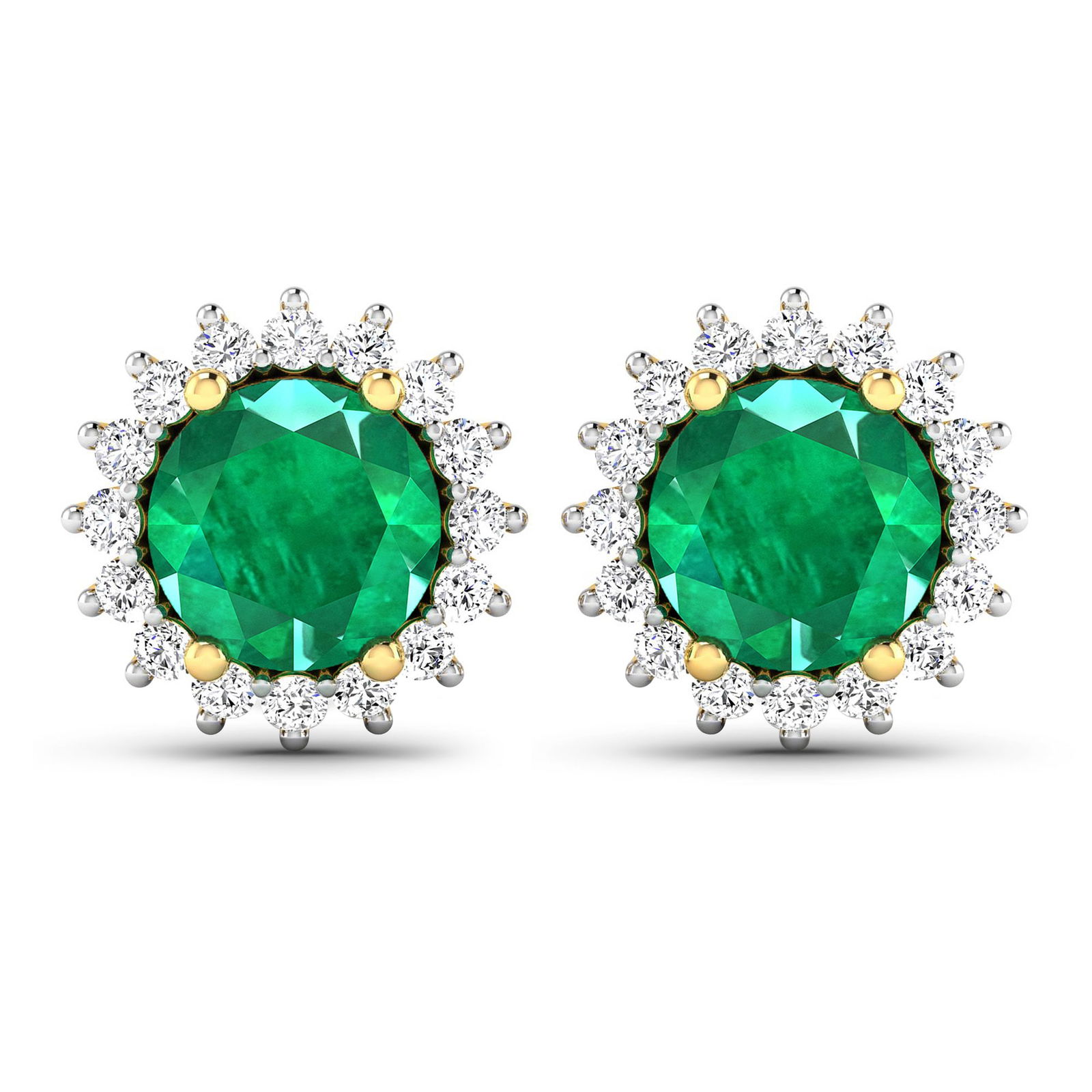 14KT Yellow Gold 1.36ctw Zambian Emerald and Diamond Earrings: Zambian Emerald (AA) Round 6.00mm - 2Pcs + White Diamond F/C Round 1.30mm - 32Pcs ( Push-Post ) ( White Pan Rhodium ) ( I1-I2/I color ) Total weight of gemstones is 1.36cts. Total Diamond weight is