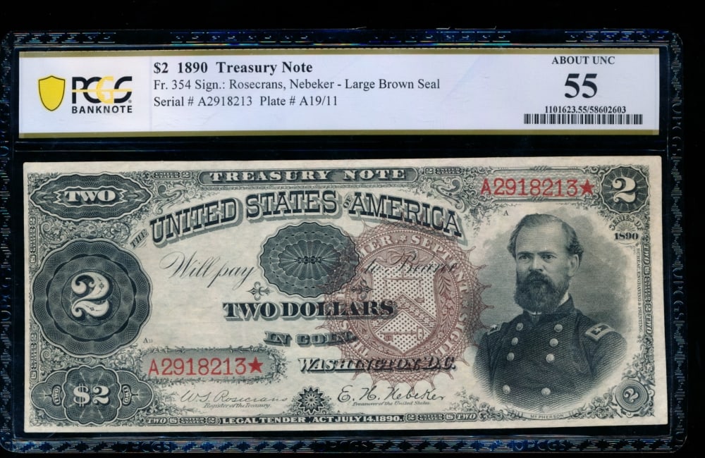 1890 $2 Treasury Note PMG 55: One 1890 $2 Treasury Note PMG 55.