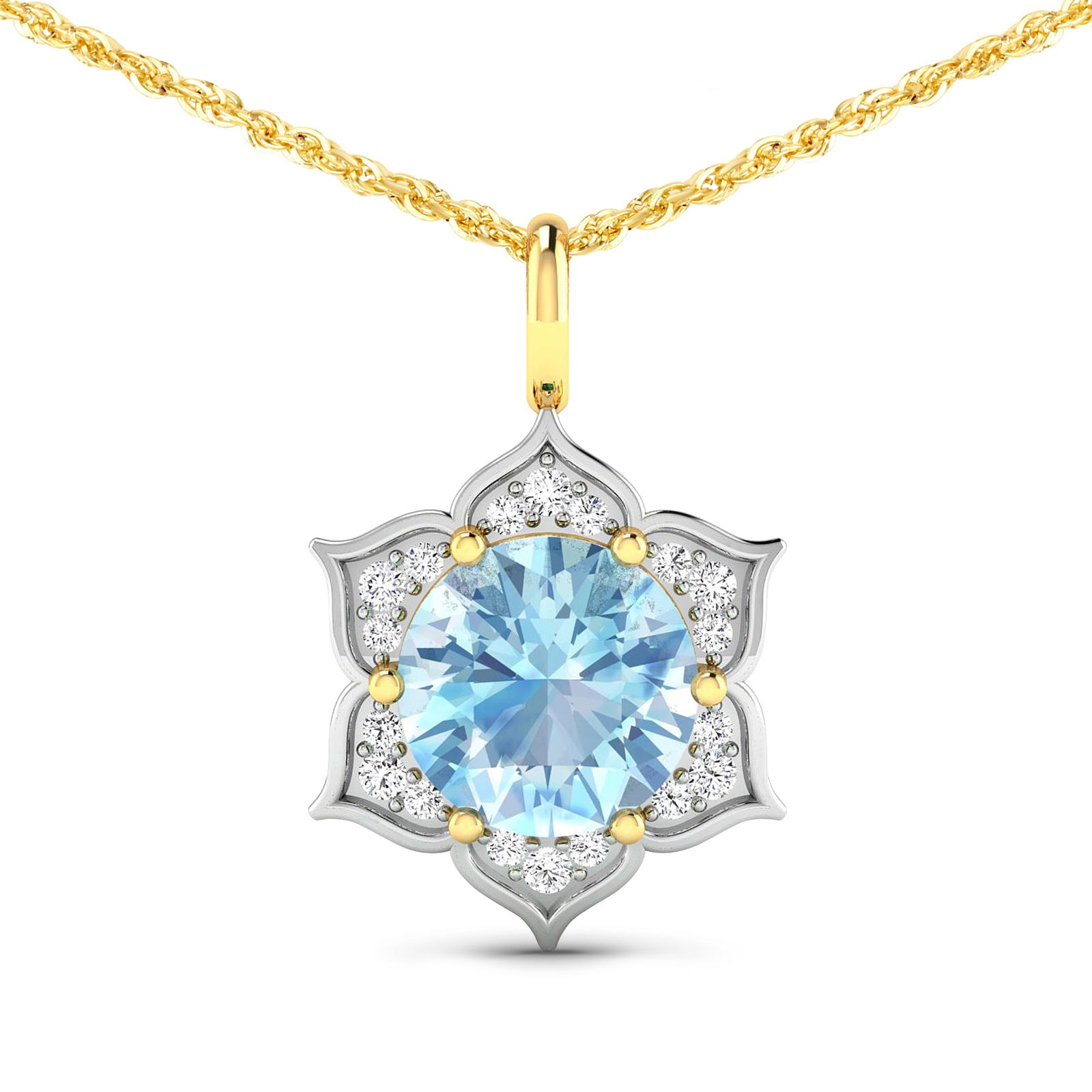 14KT Yellow Gold 1.9ctw Aquamarine and Diamond Pendant: Aquamarine (AA+) Round 8.00mm - 1Pc + White Diamond F/C Round 1.30mm - 6Pcs + White Diamond F/C Round 1.10mm - 12Pcs ( White Pan Rhodium ) ( SI2/HI color ) Total weight of gemstone is 1.9cts. Total