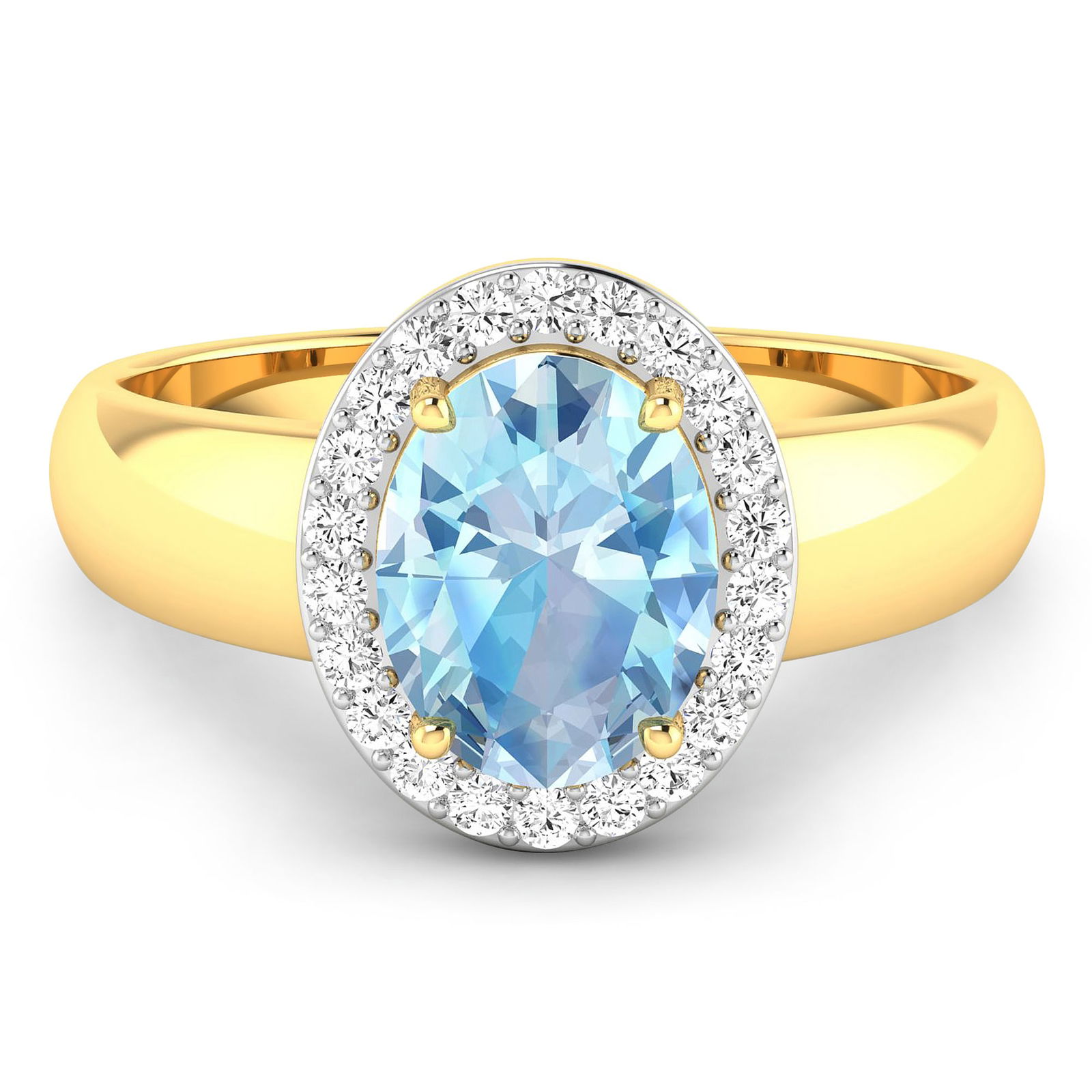 14KT Yellow Gold 1.28ct Aquamarine and Diamond Ring: Aquamarine (AA+) Oval 9x7mm - 1Pc + White Diamond F/C Round 1.30mm - 22Pcs ( White Pan Rhodium ) (I1-I2/I color) ( With J Back ). Total weight of gemstone is 1.28cts. Total weight of Diamonds is