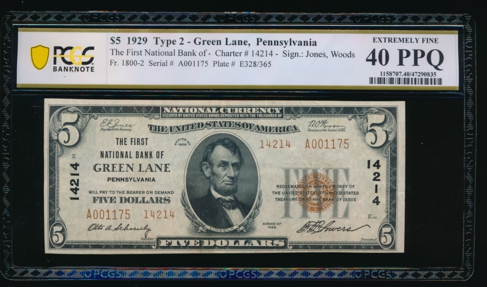 1929 $5 Green Lane PA National PCGS 40PPQ: One 1929 $5 Green Lane PA National PCGS 40PPQ.