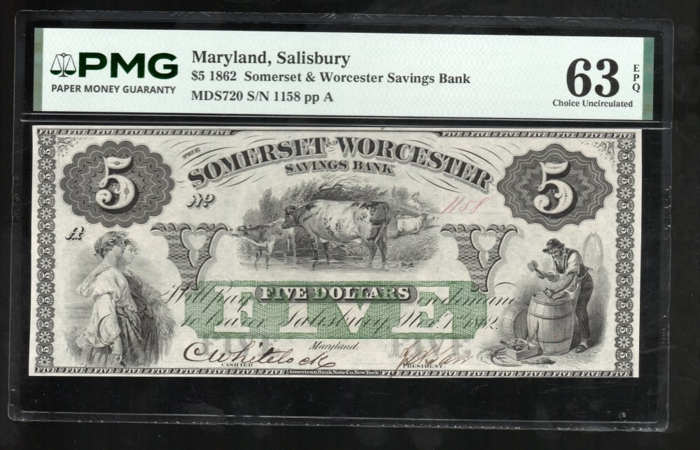 1862 $5 Salisbury MD Obsolete PMG 63EPQ (1 of 2)