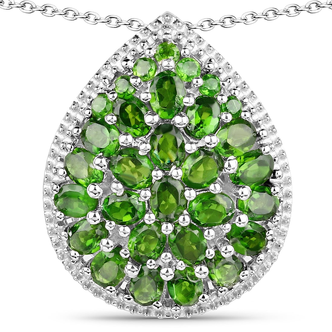 Plated Rhodium 4.65ctw Chrome Diopside Pendant: This rhodium?plated .925 sterling silver cluster pendant features a vivid arrangement of natural chrome diopside gemstones, showcasing twenty?three oval 4×3?mm stones totaling 4.37 carats and seven