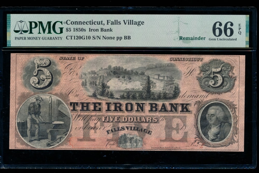 1850s $5 Falls Village CT Obsolete PMG 66EPQ: One 1850s $5 Falls Village CT Obsolete PMG 66EPQ.