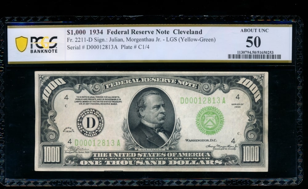 1934 $1000 Cleveland FRN PCGS 50: One 1934 $1000 Cleveland FRN PCGS 50.
