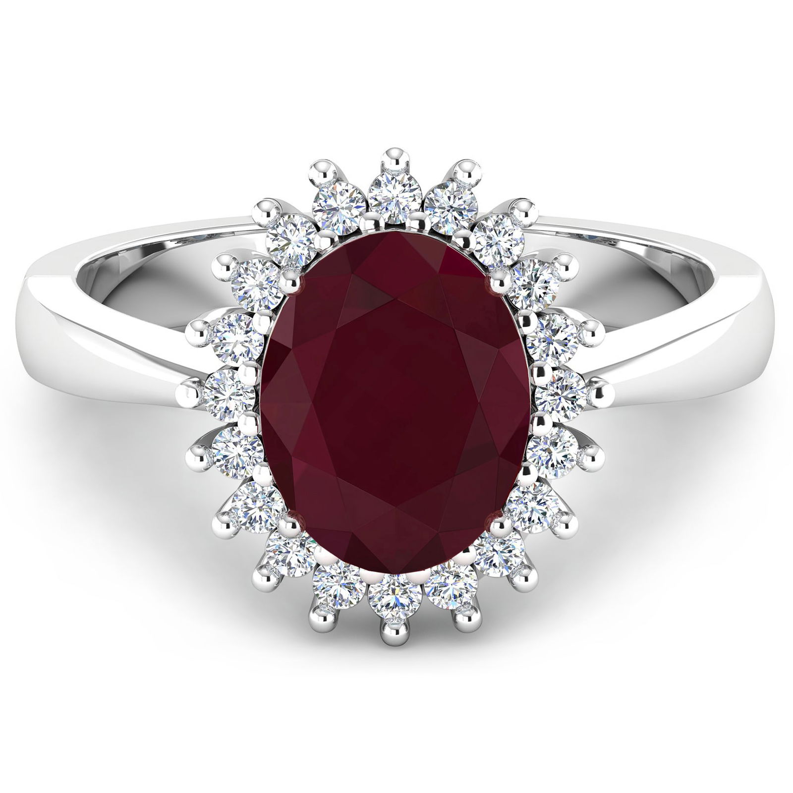 14KT White Gold 1.50ct Ruby and Diamond Ring: 1 Ruby with a total weight of 1.50cts. Ruby (AA) Oval 8x6mm - 1Pc + White Diamond F/C Round 1.40mm - 17Pcs (I1-I2/I color). Diamonds with a total weight of 0.19cts. Total weight of this ring is 3.32 g