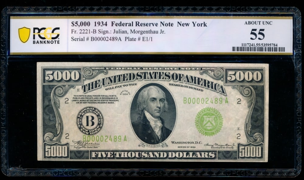 1934 $5000 New York FRN PCGS 55: One 1934 $5000 New York FRN PCGS 55.