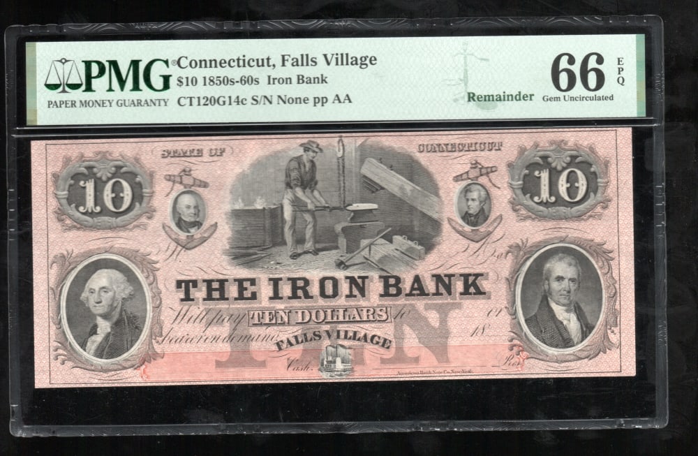 1850s-60s $10 Falls Village CT Obsolete PMG 66EPQ (1 of 2)