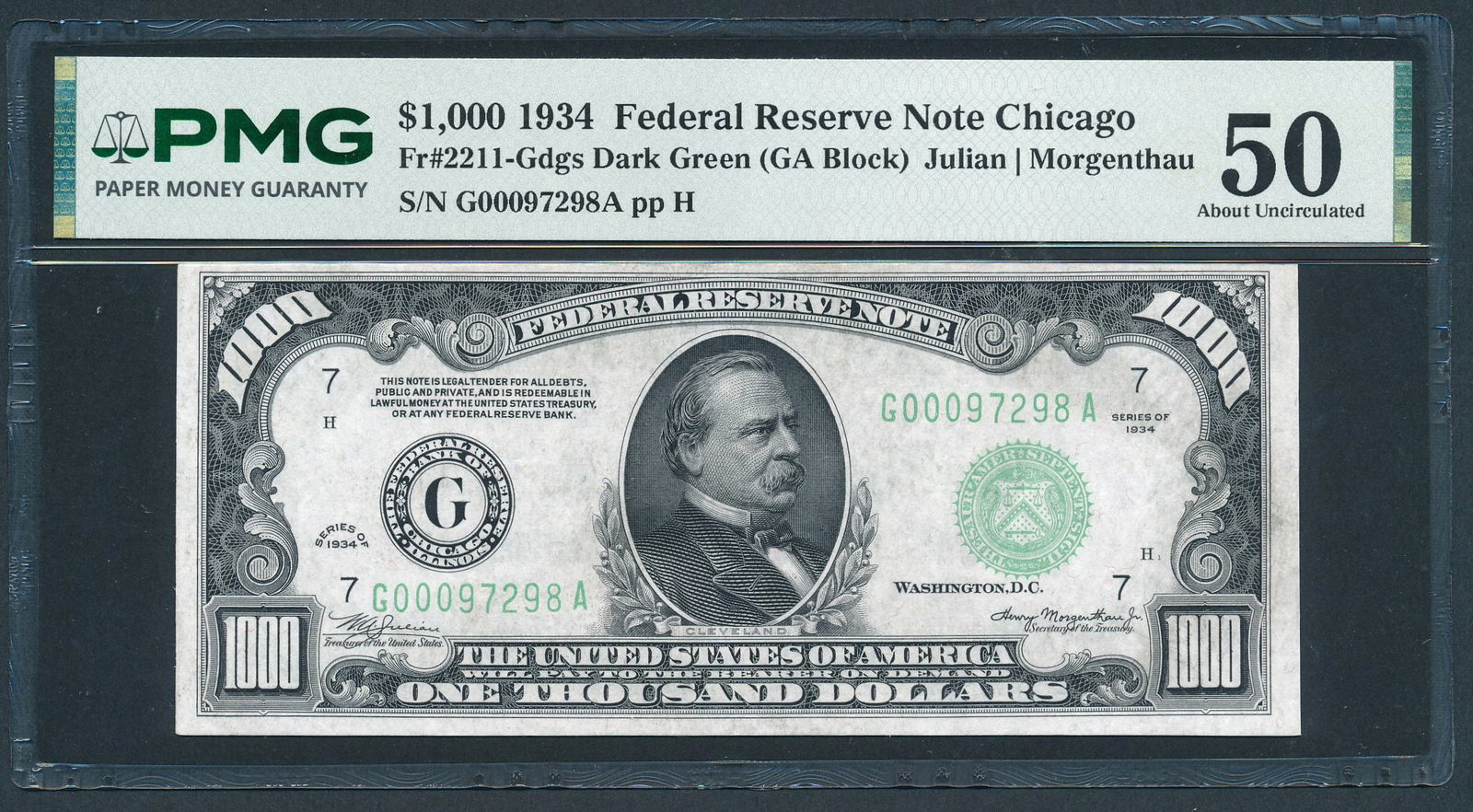 1934 $1000 Chicago FRN PMG 50: One 1934 $1000 Chicago FRN PMG 50.