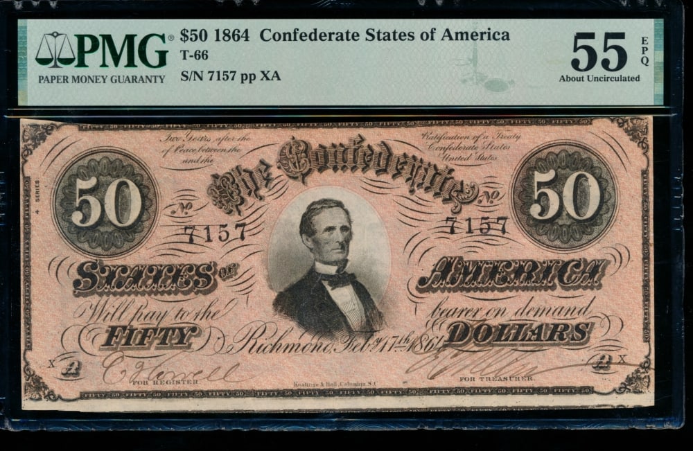 1864 $50 T-66 Confederate PMG 55EPQ: One 1864 $50 T-66 Confederate PMG 55EPQ.
