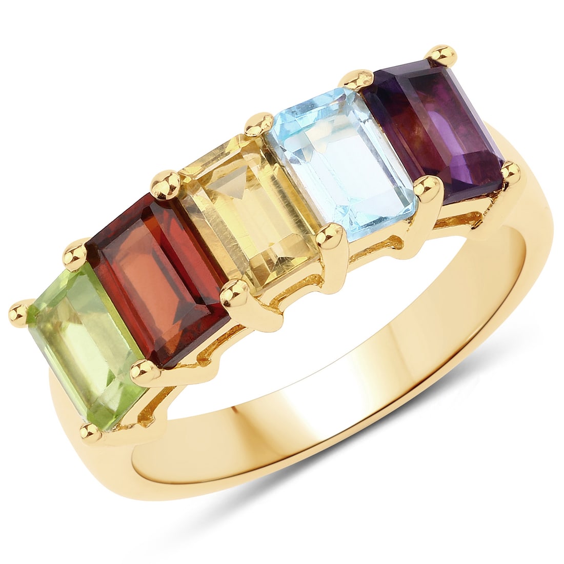Plated 14KT Yellow Gold 2.70 Carat Multi Color Gemstone Ring: 2.70 Carat Genuine Multi Stones .925 Sterling Silver Ring. Amethyst Octagon/6x4mm - 1/0.50 ctw Prong Setting Natural Not Treated E + Blue Topaz Octagon/6x4mm - 1/0.60 ctw Natural Irradiated E +