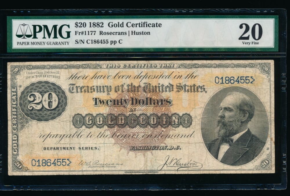 1882 $20 Gold Certificate PMG 20: One 1882 $20 Gold Certificate PMG 20.