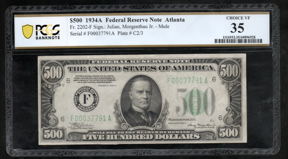1934A $500 Atlanta FRN PCGS 35: One 1934A $500 Atlanta FRN PCGS 35.