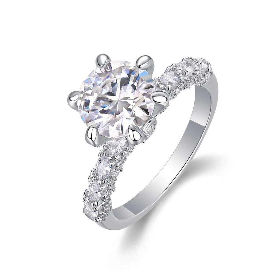 Sterling Silver 3ct Moissanite Ring: Round Moissanite stone with a total weight of 3cts wih a color of D and aclarity of VVS1. This Fire Moissanite is complimented mounted in .925 solid sterling silver with 14 Kt White Gold Overlay,