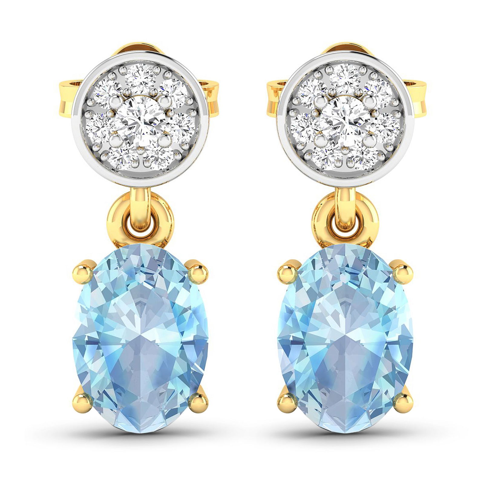 14KT Yellow Gold 1.02ctw Aquamarine and Diamond Earrings: Aquamarine (AA+) Oval 7x5mm - 2Pcs + White Diamond F/C Round 1.80mm - 2Pcs + White Diamond F/C Round 1.00mm - 14Pcs ( Push-Post ) ( White Pan Rhodium ) ( I1-I2/I color ) Total weight of gemstones is