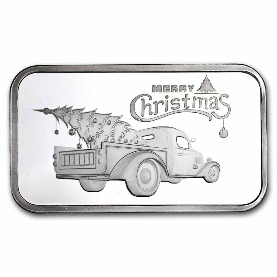 Merry Christmas Vintage Truck 1 oz Silver Bar: One Merry Christmas Vintage Truck 1 oz Silver Bar.