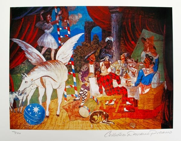 Pablo Picasso THEATRE Estate Signed Limited Edition Giclee: This is a PABLO PICASSO (ESTATE COLLECTION DOMAINE) (1881-1973) small giclee titled THEATRE. This piece is pencil signed on the lower right as Collection Domaine Picasso and has an embossed seal stamp