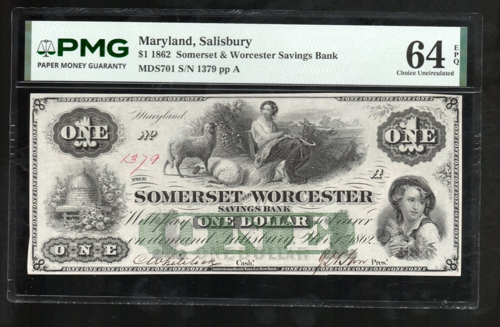 1862 $1 Salisbury MD Obsolete PMG 64EPQ (1 of 2)