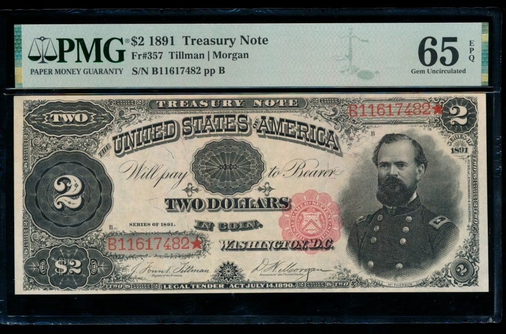 1891 $2 Treasury Note PMG 65EPQ: One 1891 $2 Treasury Note PMG 65EPQ.