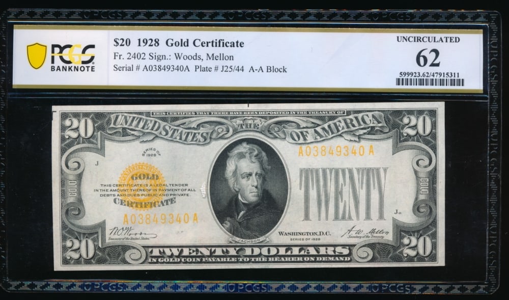1928 $20 Gold Certificate PCGS 62 (1 of 2)